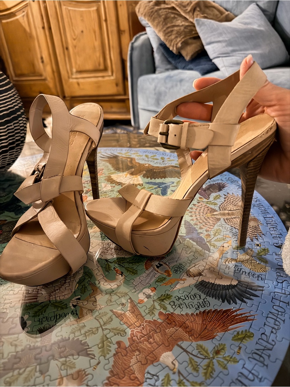 L.A.M.B. Beige Strappy Platform Stiletto Sandals